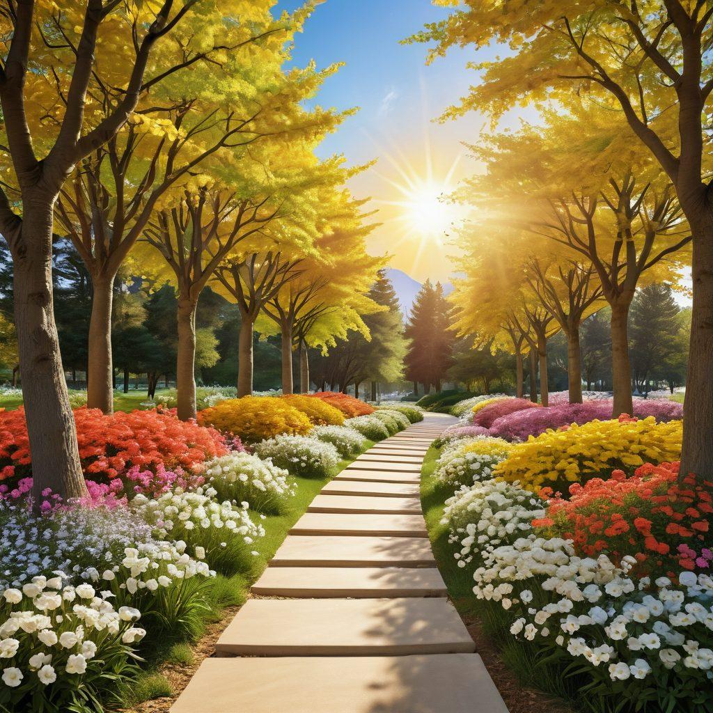 A serene landscape representing financial wellbeing, featuring a golden pathway symbolizing prosperity, lined with flourishing trees and blooming flowers. Incorporate elements like a shining sun illuminating the path, and joyful individuals celebrating their financial success. Include symbols of savings, investments, and growth along the way for added inspiration. vibrant colors. super-realistic. light and airy atmosphere.