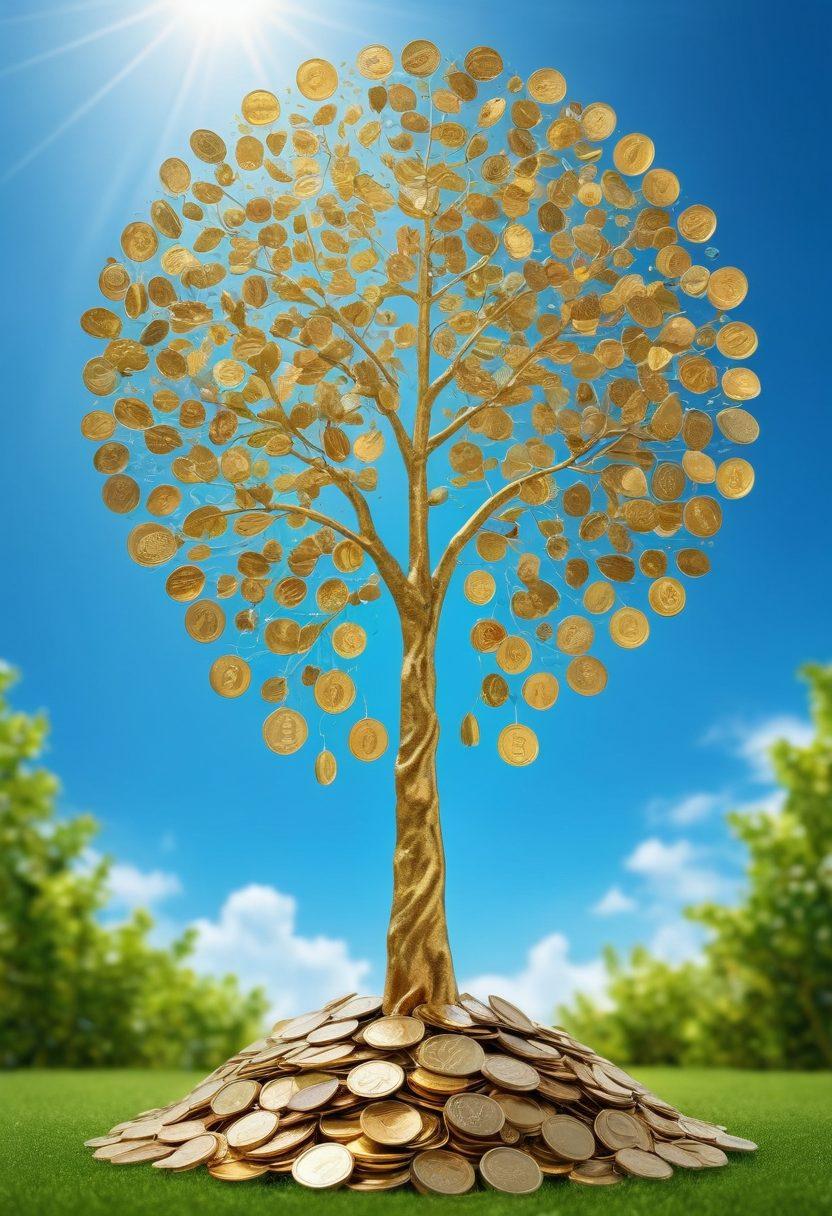A golden tree symbolizing wealth, with vibrant leaves made of coins and dollar bills, set against a bright blue sky. Below, a joyful family planting seeds labeled 'optimism' and 'investment', surrounded by lush greenery representing growth. The scene radiates positivity and prosperity. super-realistic. vibrant colors. sunny background.